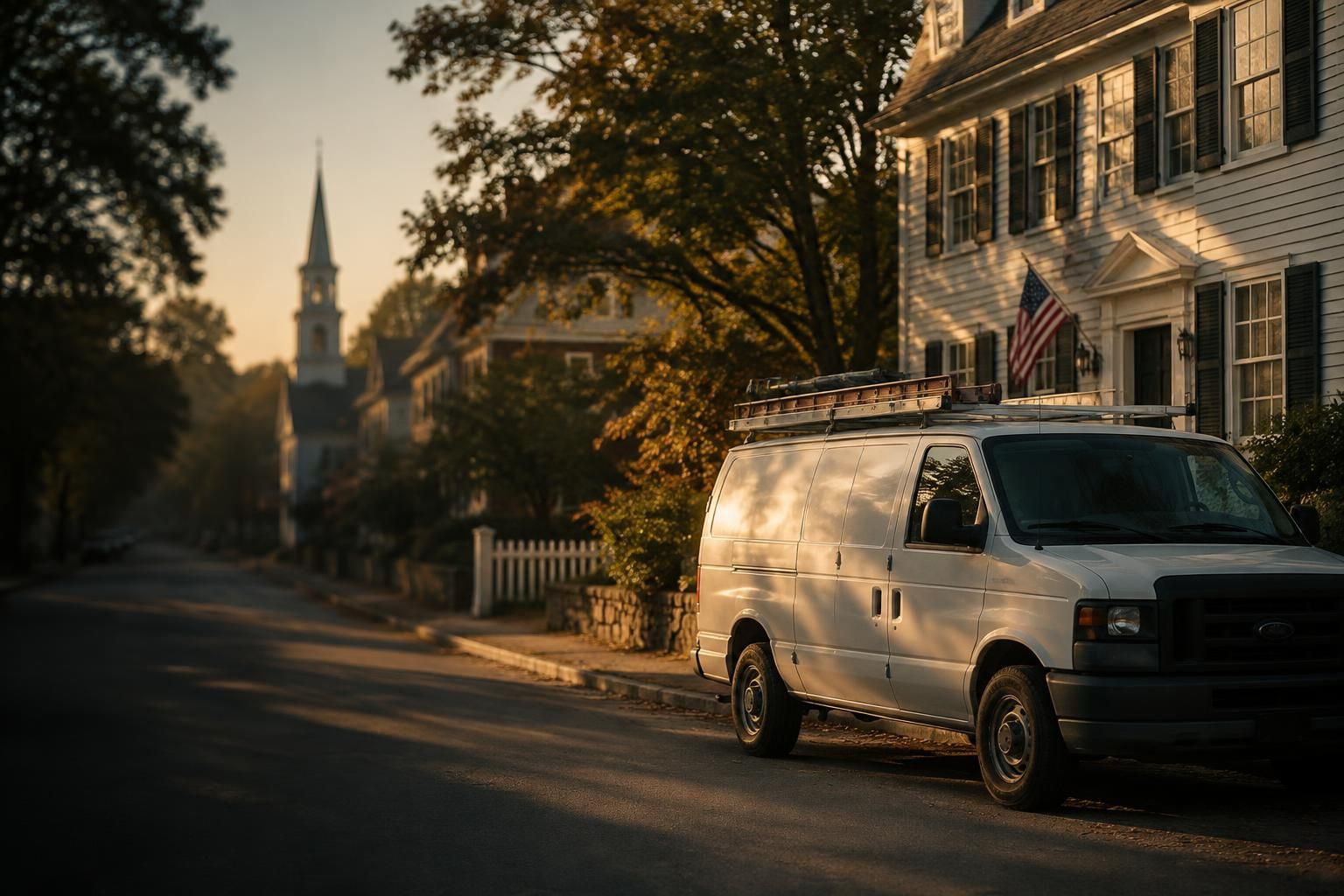 Work van parked on a quiet Connecticut town street at sunrise